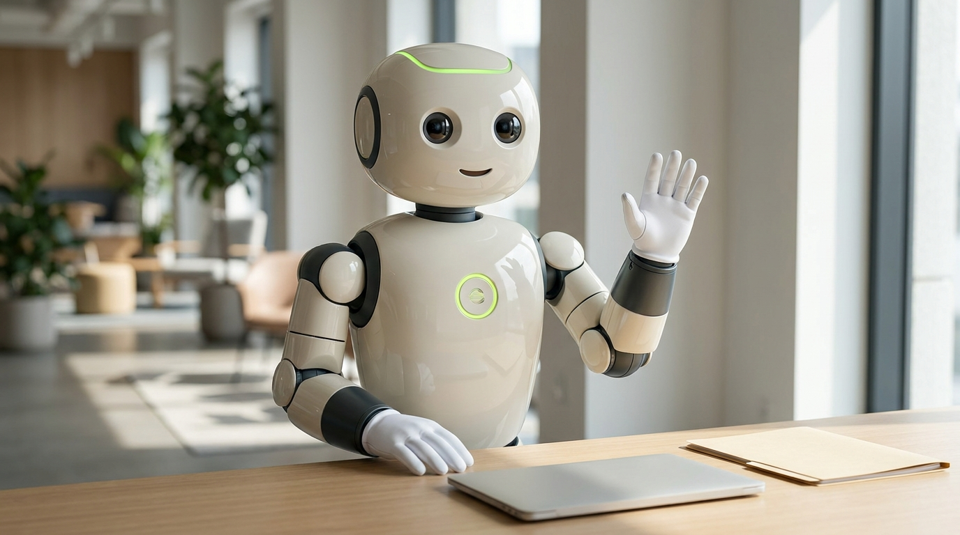 James, ein weißer Roboter mit weißen Handschuhen, winkt hinter einem aufgeräumten Schreibtisch